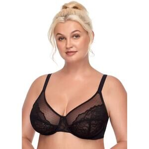 HSIA Enchante Black Lace Underwire Bra 46D Full Coverage Sheer Mesh NWT